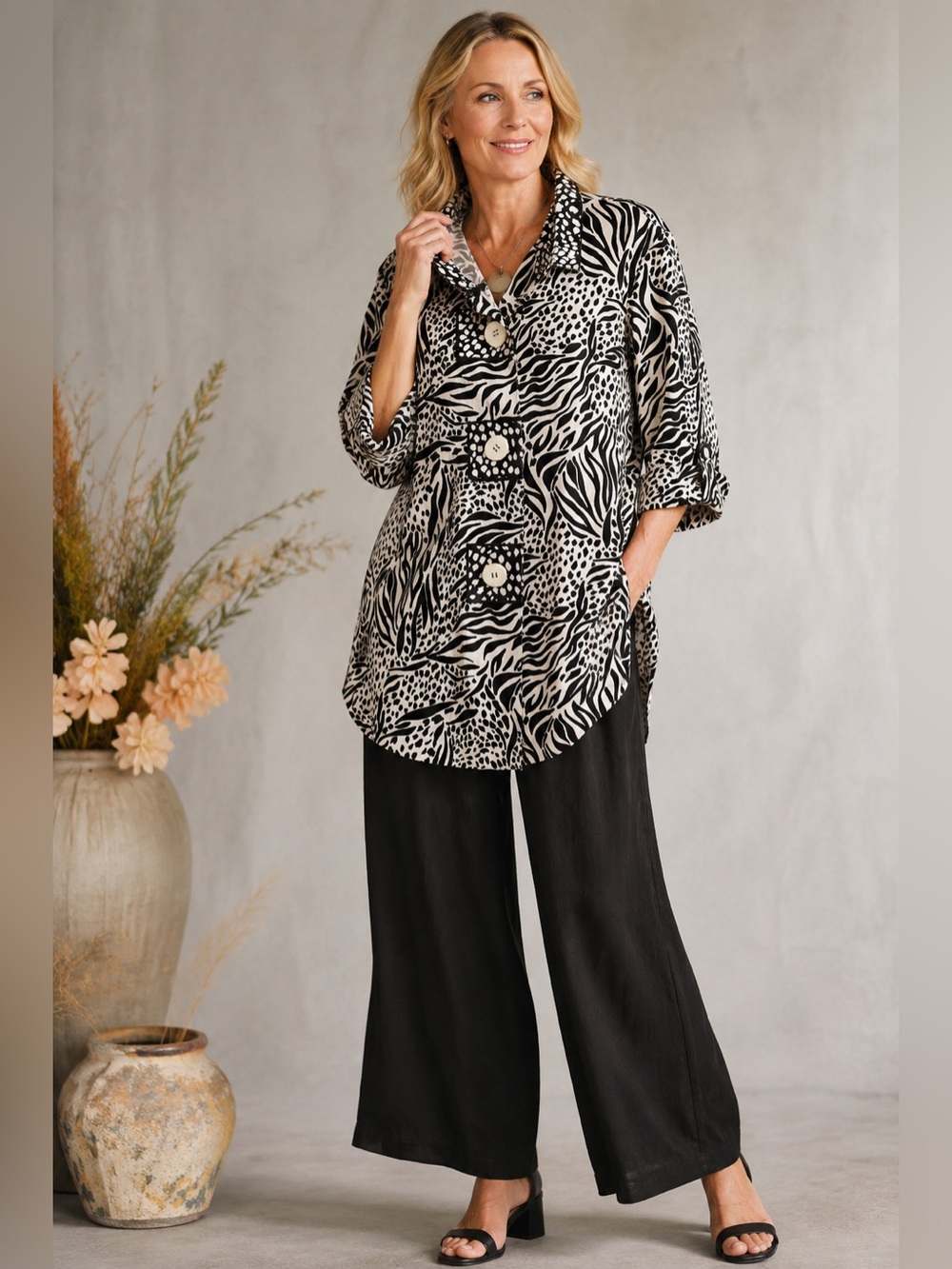 Ali Miles Mixed Animal Print Button-Front Tunic Blouse Size M